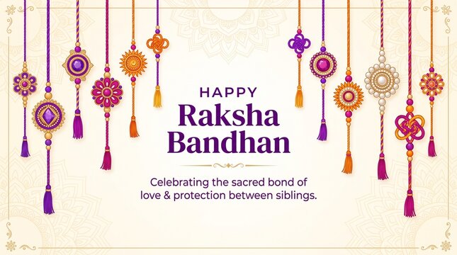Elegant Raksha Bandhan greeting card design featuring hanging rakhis on light beige background. Colorful festive template for Rakhi festival celebration. 