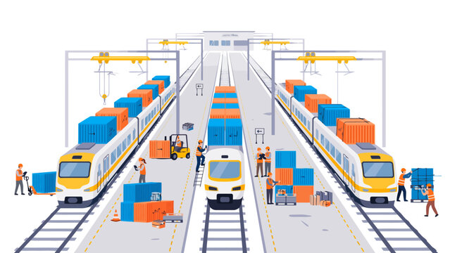Illustration of a bustling train maintenance depot with workers and trains in a gray industrial setting.