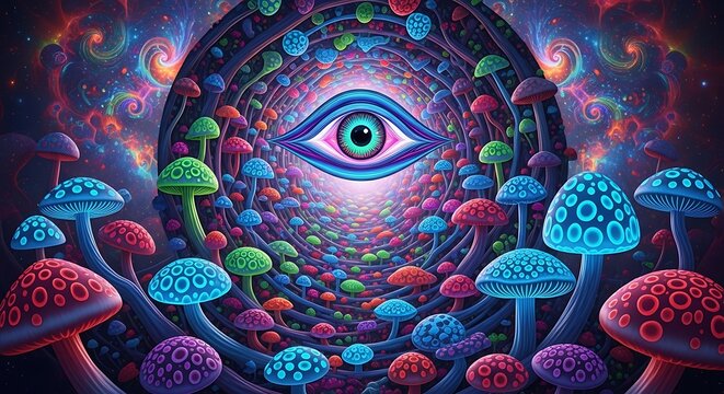 Psychedelic digital art of a central eye inside a swirling tunnel of glowing mushrooms.