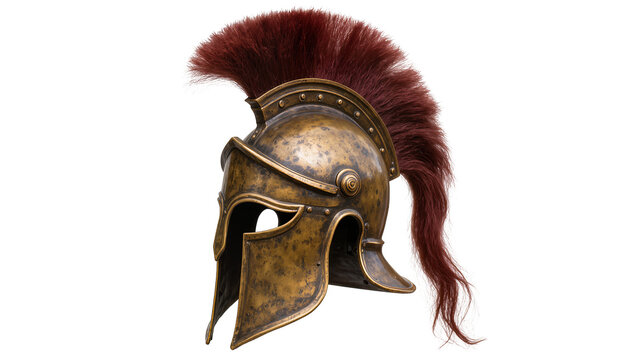 Ancient Greek Corinthian helmet with red plume, isolated on transparent background