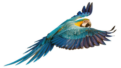Blue and yellow macaw parrot in flight, isolated on transparent background © Viktor