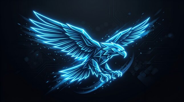 Glowing neon blue eagle in digital geometric style flying on dark background