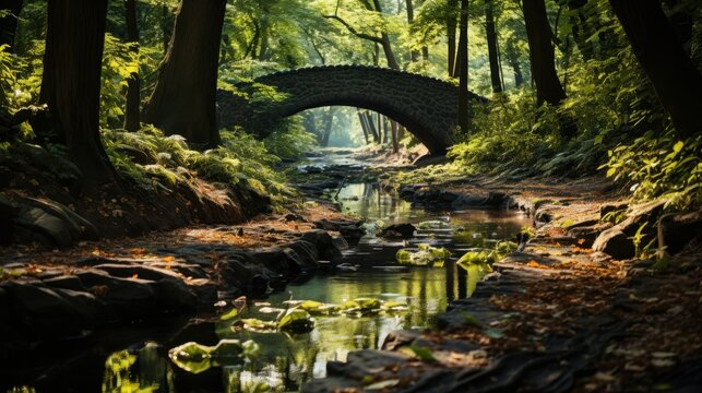 A serene forest landscape with a stone bridge over a small stream