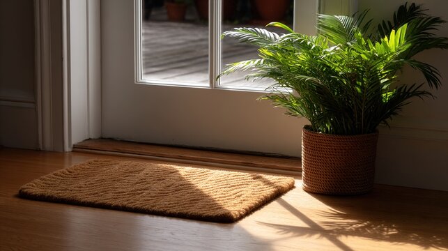 porch. A cozy home entrance featuring a welcome mat and potted plant, radiating warmth and hospitality. lifestyle magazines.