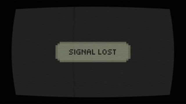 Retro CRT monitor screen showing pixelated signal lost message box on dark background vintage television error display