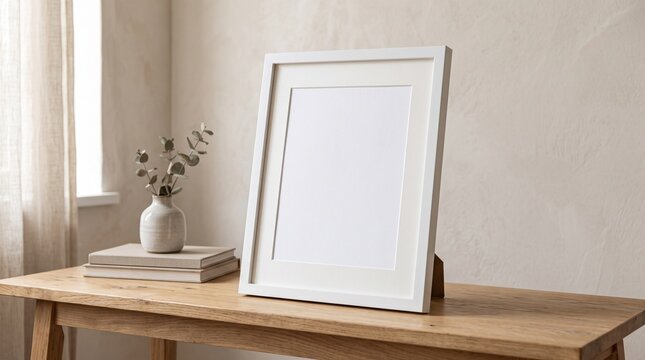 A clean white picture frame with a blank space rests on a wooden table in a bright, minimalist room, ideal for display.