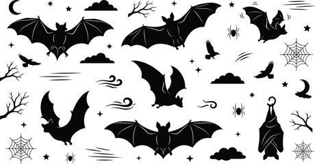 Obraz premium Spooky Halloween Flying Bats Silhouette Vector Element Set Featuring Hanging Bat, Creepy Spider Webs, Night Sky Clouds, Stars, and Bare Winter Tree Branches