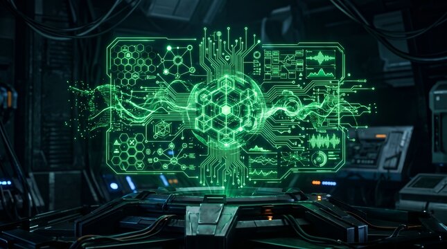 Green futuristic digital interface hologram displaying data in dark lab