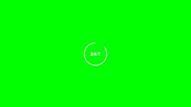 Twenty four seven spinning loading circle graphic animation for digital interface applications displayed on a vibrant bright green screen background