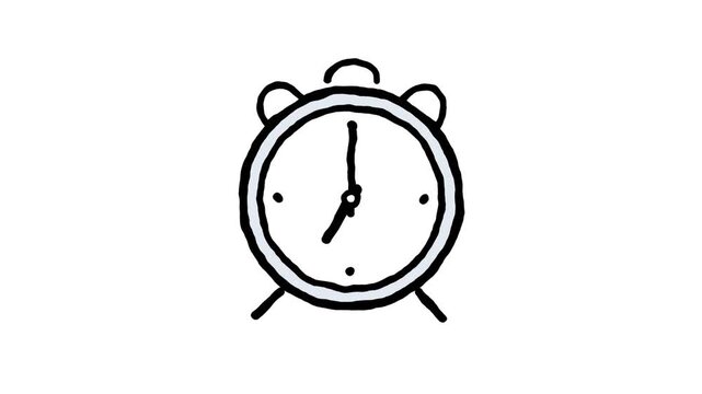 Simple hand drawn alarm clock illustration showing seven o clock time for a minimalist motion design video animation project asset