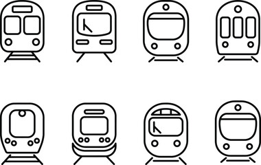 Set of front view train icons depicting various passenger rail transport vehicles and transit locomotive head designs. © MRSTOCK LAB