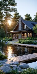 Fototapeta premium Adirondack style luxury lake house with private dock, golden sun reflecting on tranquil water, surrounded by pine forest