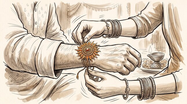 Watercolor illustration of hands tying a rakhi on wrist for raksha bandhan.