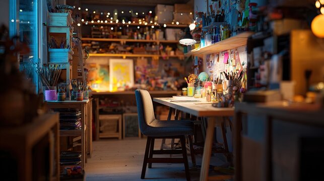 tidiness. A creative home studio workspace with organized shelves, props, and warm ambient lighting in a cozy atmosphere. lifestyle magazines.
