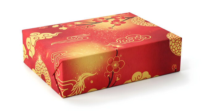 Elegant Lunar New Year gift box featuring red wrap with gold plum blossom and cloud patterns