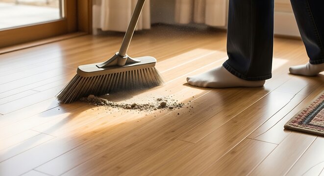 Person sweeping dust on a wooden floor with a broom at home.