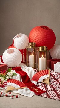 Christmas holiday gift wrapping supplies and festive decor. Red and white ribbons, baubles, and scissors for seasonal crafting and presents.