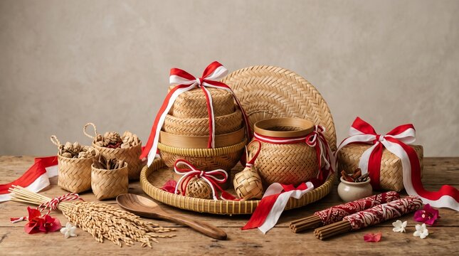 Handmade gift bags with red ribbons for holiday presents. Rustic burlap sacks tied with festive bows for Christmas or wedding favors.
