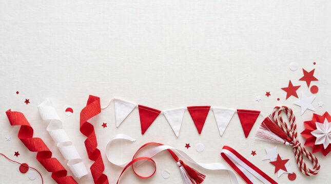 Christmas holiday festive decoration with red ribbons and gift tags. Elegant winter celebration setup featuring shiny bows and blank name cards for...