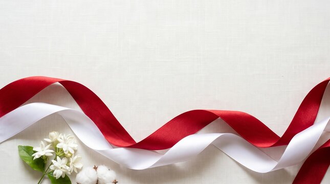 Elegant red satin ribbon with white sheer bow for wedding decor. Luxurious gift wrapping accessory and festive event decoration detail.