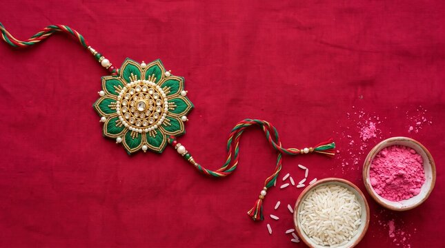 Raksha Bandhan, Indian festival with beautiful Rakhi and Rice Grains. A traditional Indian wrist band which is a symbol of love between Sisters and Brothers