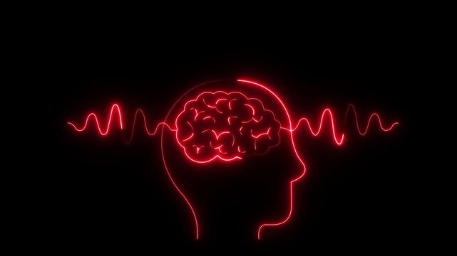 glowing neon Human brain scan icon with wave lines on black background. Pulse wave in study neurology. Brain scan captures neurology insights with wave of impulse, reflecting mind and health status.