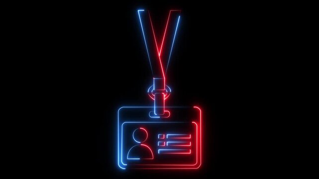 glowing neon ID badge icon isolated on black background. symbolizing identity verification and access control. 4k video animation.