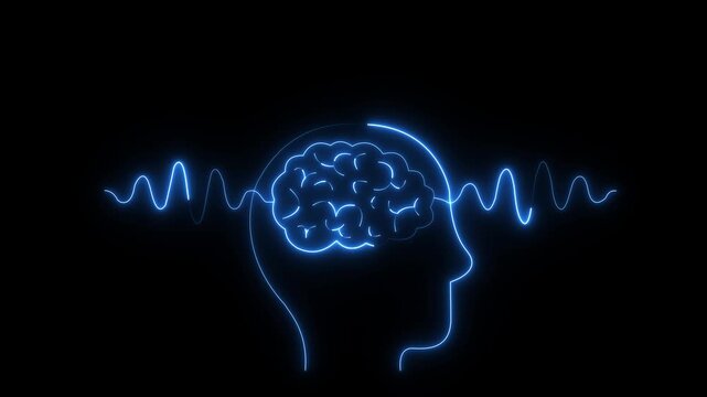 glowing neon Human brain scan icon with wave lines on black background. Pulse wave in study neurology. Brain scan captures neurology insights with wave of impulse, reflecting mind and health status.