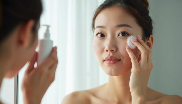 Woman Applying Skincare with Cotton Pad in Bright Indoor Setting