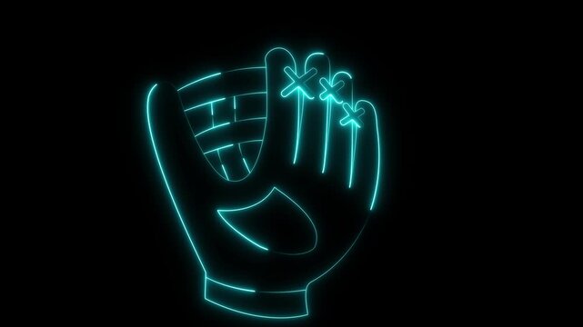 glowing neon baseball glove icon isolated on black background. competition branding and league tournament promotions illustrating athletic achievement and team spirit equipment. 4k video animation