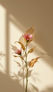 Serene shadow lines highlighting a clean glass leaf flora setup on premium warm beige backdrop