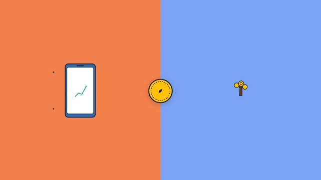 Smartphone displaying rising market graph data with coin transforming into a small tree in this animated digital motion graphics video