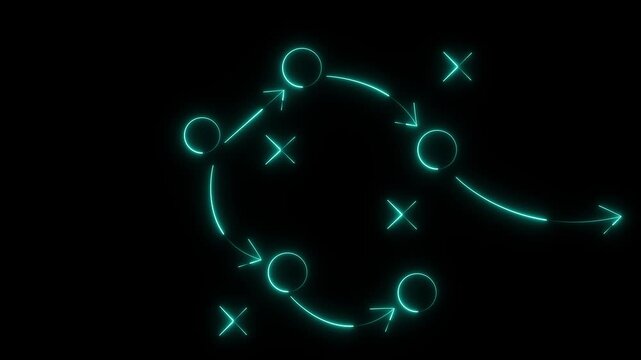 neon game plan icon animation on black background. Soccer or football game strategy plan icon. 4k motion video.