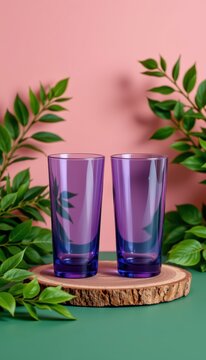 Contemporary cosmetic glass tumblers standing inside a premium background layout on premium forest green matte surface