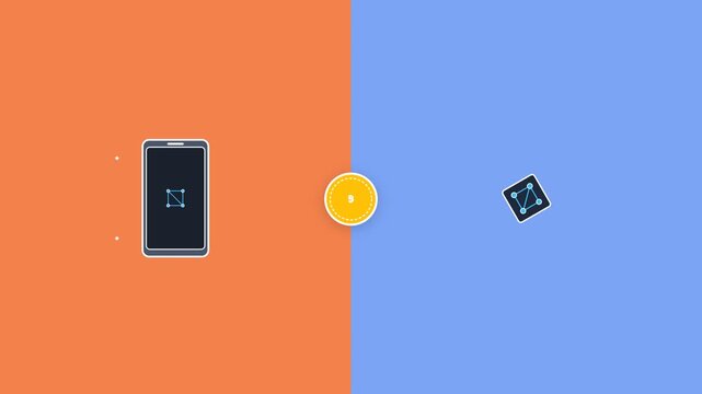 Smartphone screen interface showing digital connection nodes with a central coin symbol in a minimalist flat motion graphic design video
