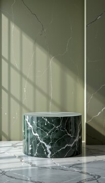 Subtle marble podium textures flowing past a clean surface on premium olive green studio setting