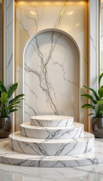 Elegant marble therapy stands leading to a peaceful podium core on premium gold studio background