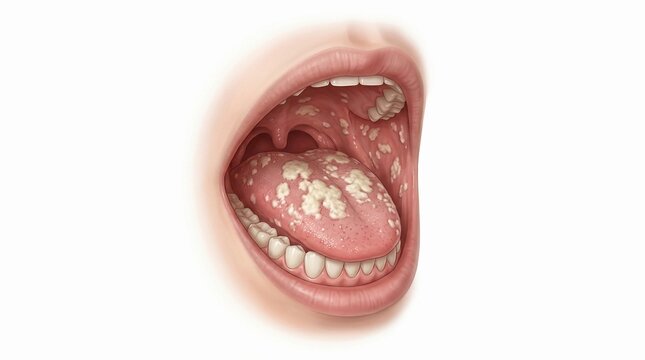 Open mouth with oral thrush white patches
