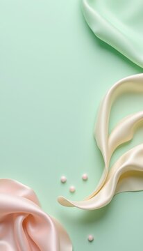 Pure pastel material setups decorating a clean abstract silk wave surface on premium mint green matte surface
