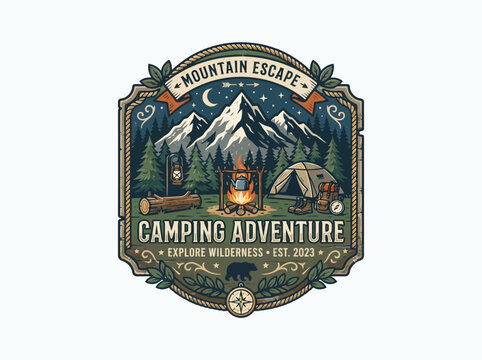 Mountain escape camping adventure logo features tent, campfire, and wilderness explore theme