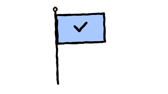 Simple blue flag animation featuring a hand drawn checkmark symbol on a white background for professional motion graphics video project