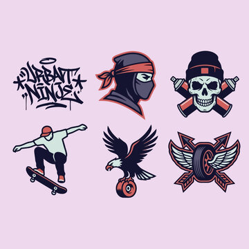 Urban street culture emblem collection with bold graphic designs