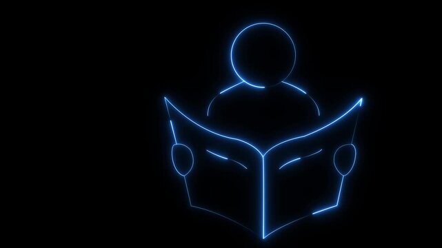 glowing neon person reading book icon isolated on black background. futuristic education, learning, knowledge, and study concept. 4k video animation.