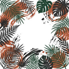 Naklejka premium Abstract botanical frame with tropical leaves and textured brush strokes
