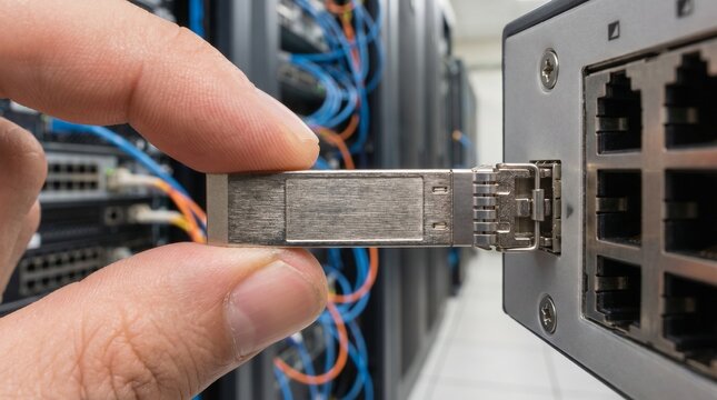 IT engineer hand inserting SFP transceiver module into network switch port