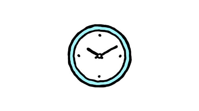 Blue analog clock face drawing with rotating hands showing passing time in a simple hand drawn style animation motion clip