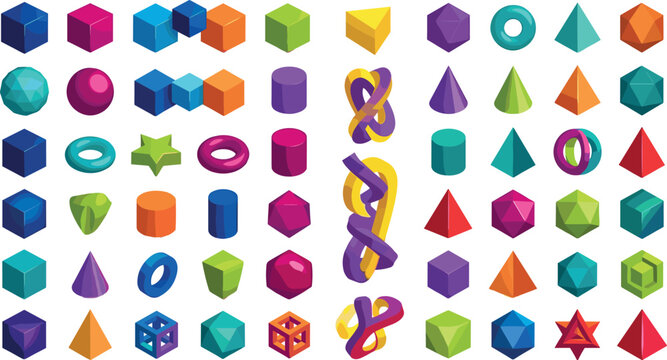 Colorful 3D Geometric Shape Icon Mega Set Featuring Vibrant Isometric Math Models, Spheres, Cubes, Prisms, and Polyhedron Blocks for Mobile Game UI and Educational Vector Designs