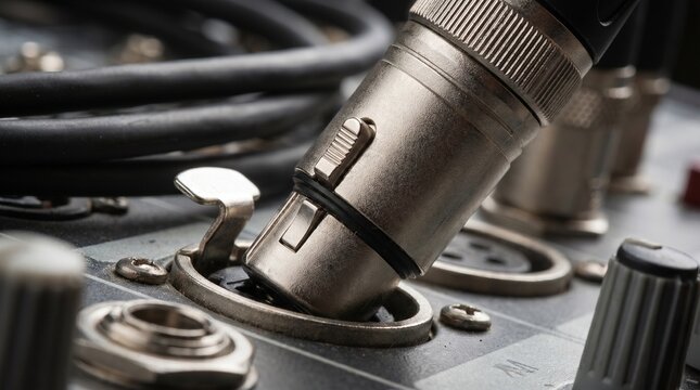Close up of XLR audio cable plugged into professional sound mixing console