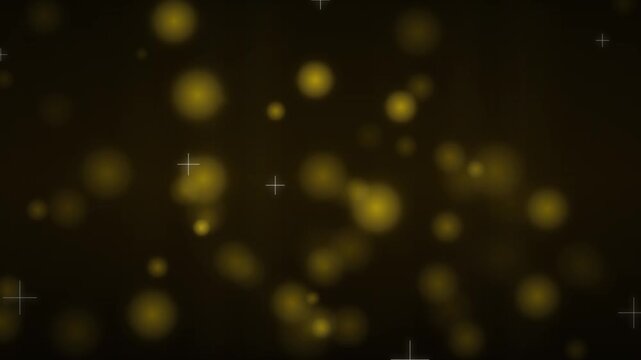 Abstract floating golden bokeh particles and dust motes on a dark background with subtle grid overlay, suitable for festive or magical themes