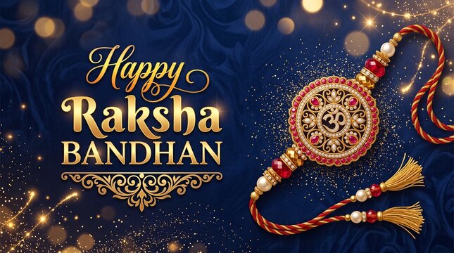 Elegant Raksha Bandhan banner with gold text and ornate Rakhi